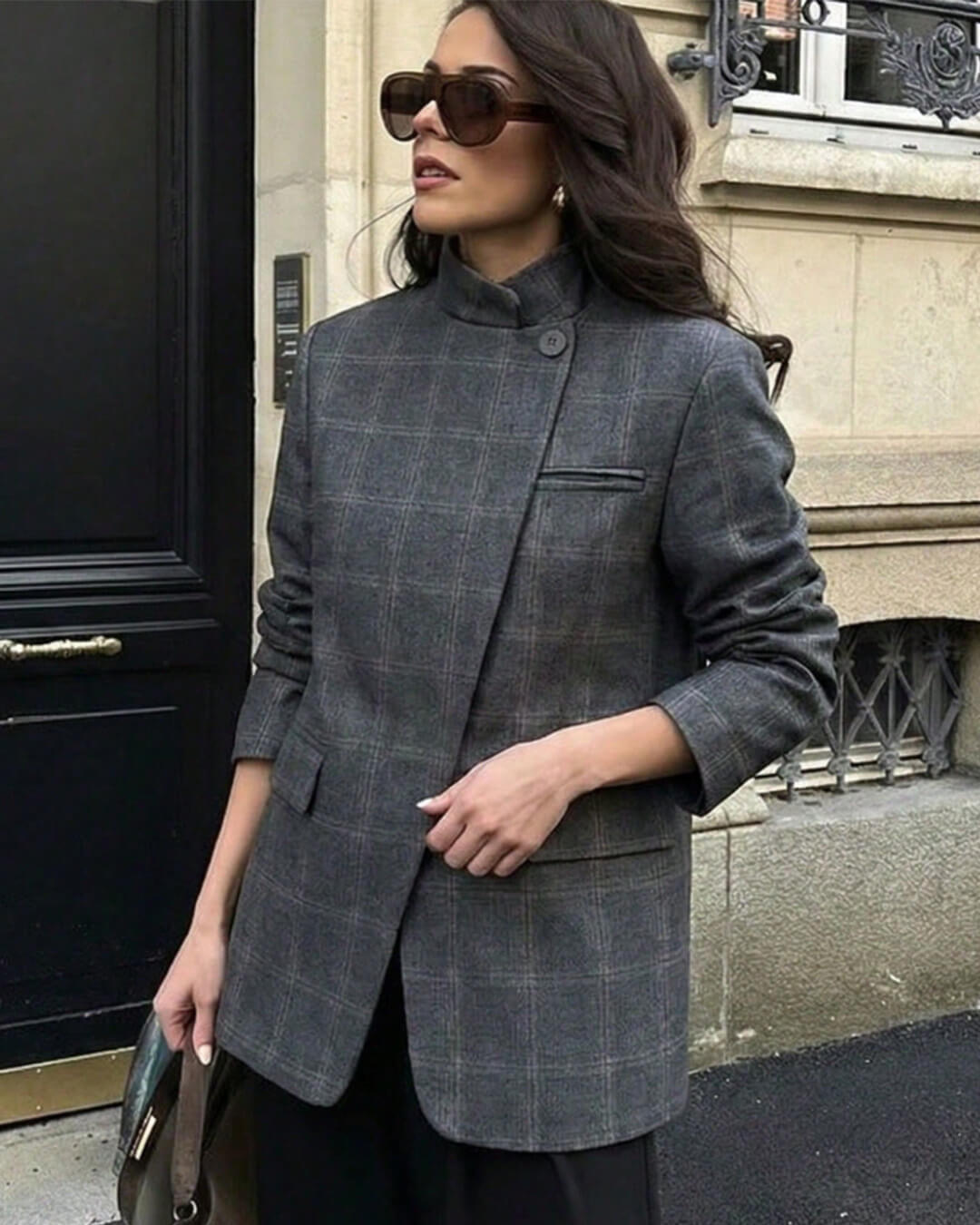 OLANE Chic Plaid Stand Collar Blazer Grey PlaidSBlazer