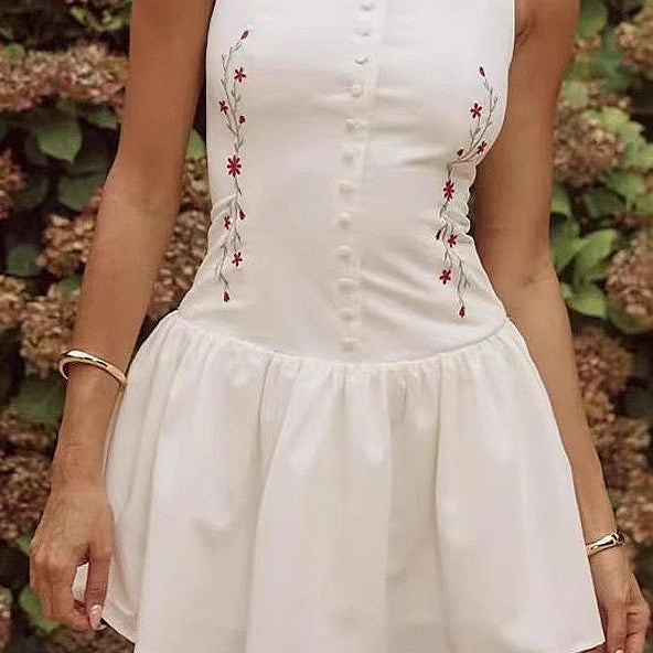 OLANE Chic Sleeveless Embroidered Mini Dress WhiteSWomen's Dresses