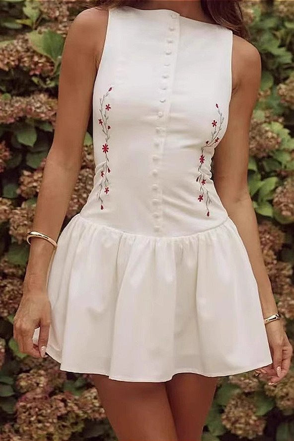 OLANE Chic Sleeveless Embroidered Mini Dress WhiteSWomen's Dresses