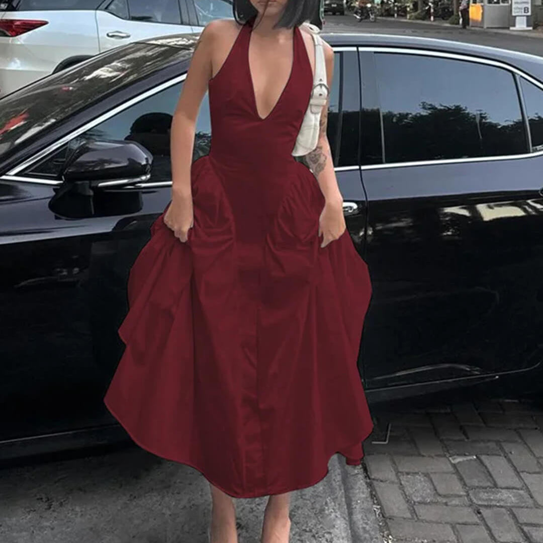 OLANE Chiffon Deep Neck Maxi Dress ClaretSWomen's Dresses