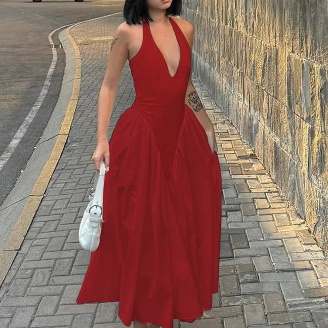 OLANE Chiffon Deep Neck Maxi Dress RedSWomen's Dresses
