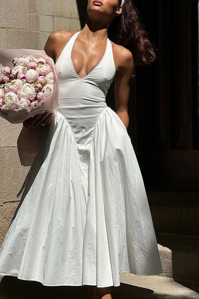 OLANE Chiffon Deep Neck Maxi Dress WhiteMWomen's Dresses