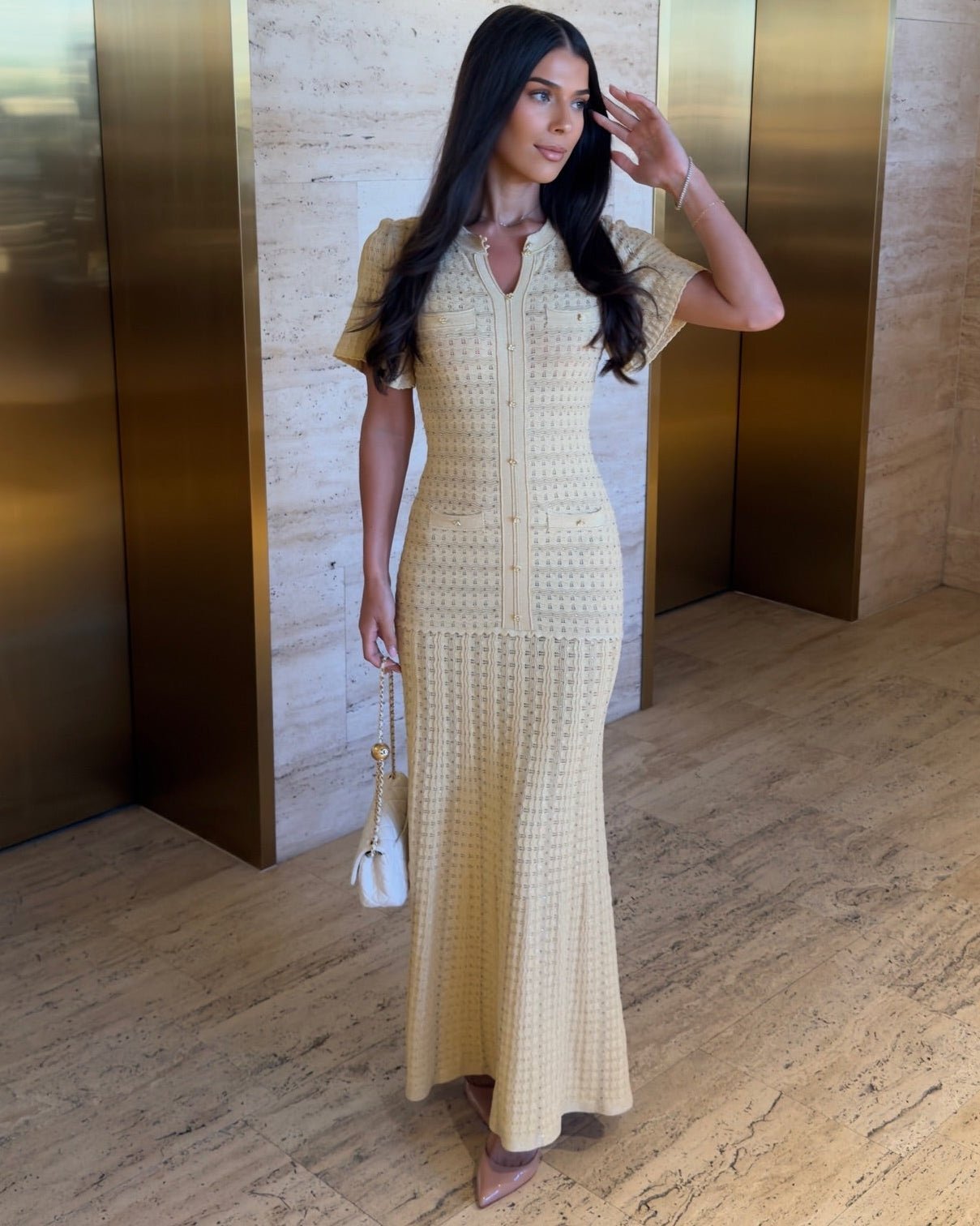 OLANE Cinched-Waist Sequin Knit Maxi Dress YellowSWomen’s Dresses