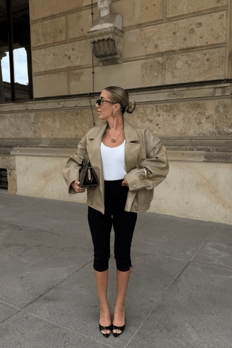OLANE Classic Double Breasted Faux Leather Coat BeigeSCoat