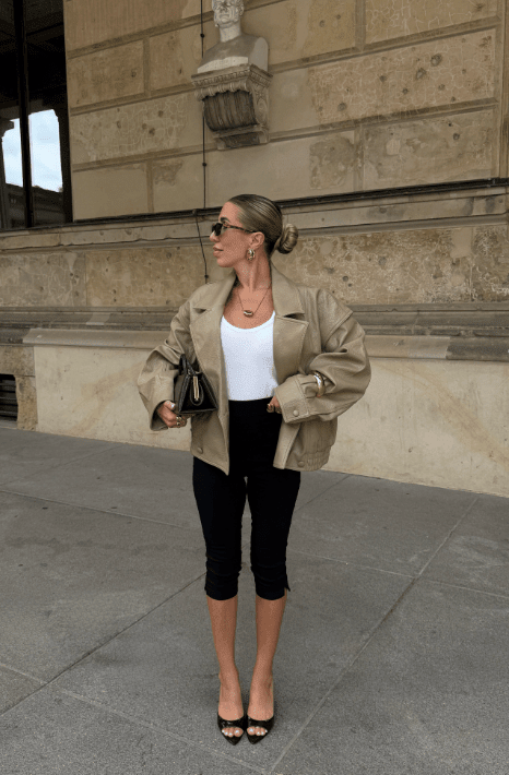 OLANE Classic Double Breasted Faux Leather Coat BeigeSCoat
