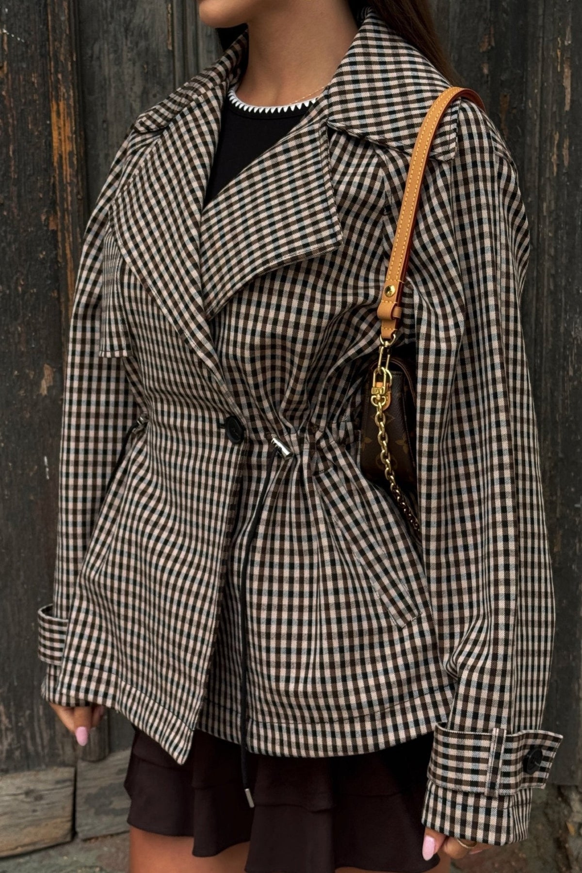 OLANE Classic Drawstring Gingham Short Trench BeigeSCoat