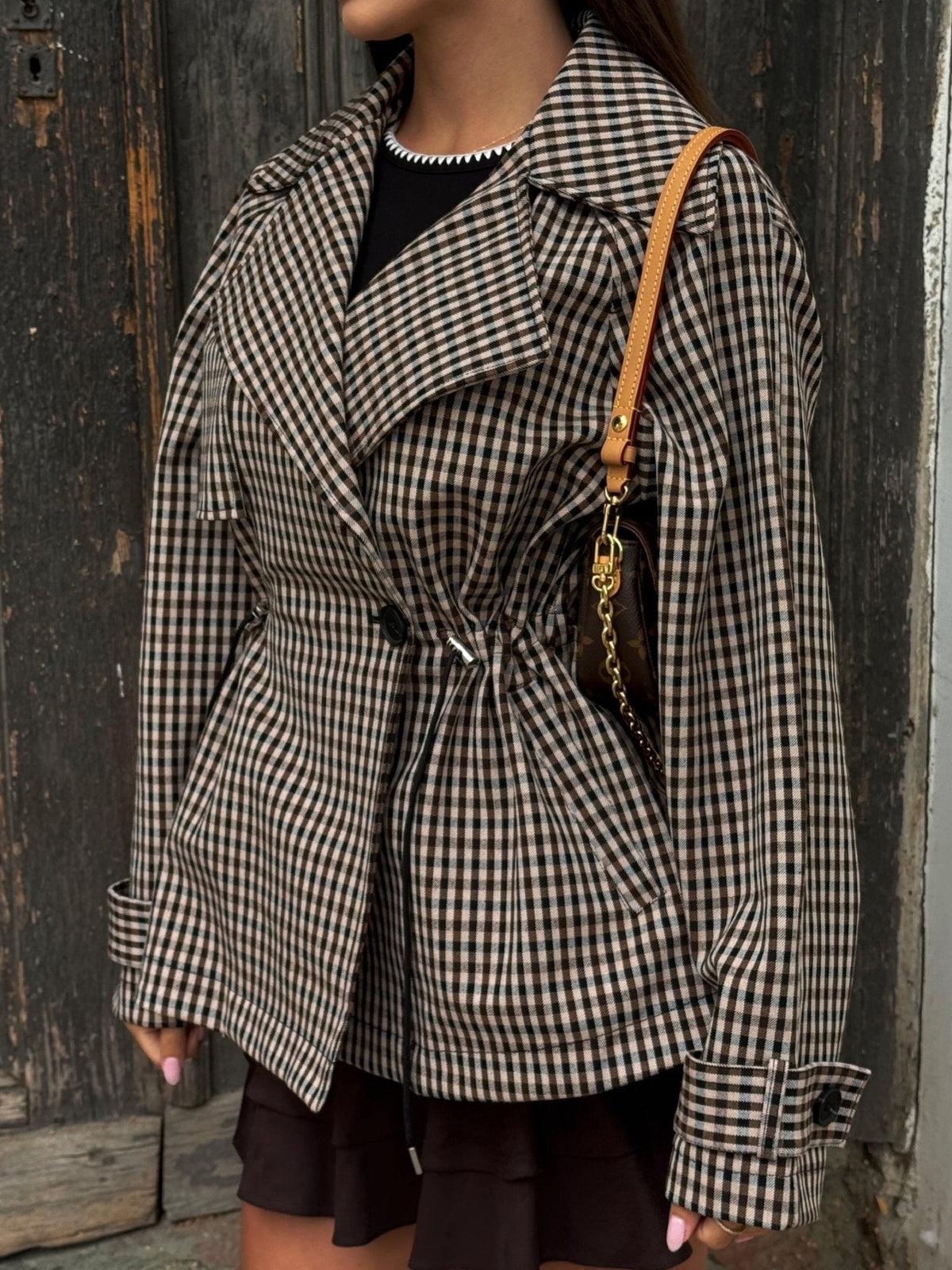OLANE Classic Drawstring Gingham Short Trench BeigeSCoat