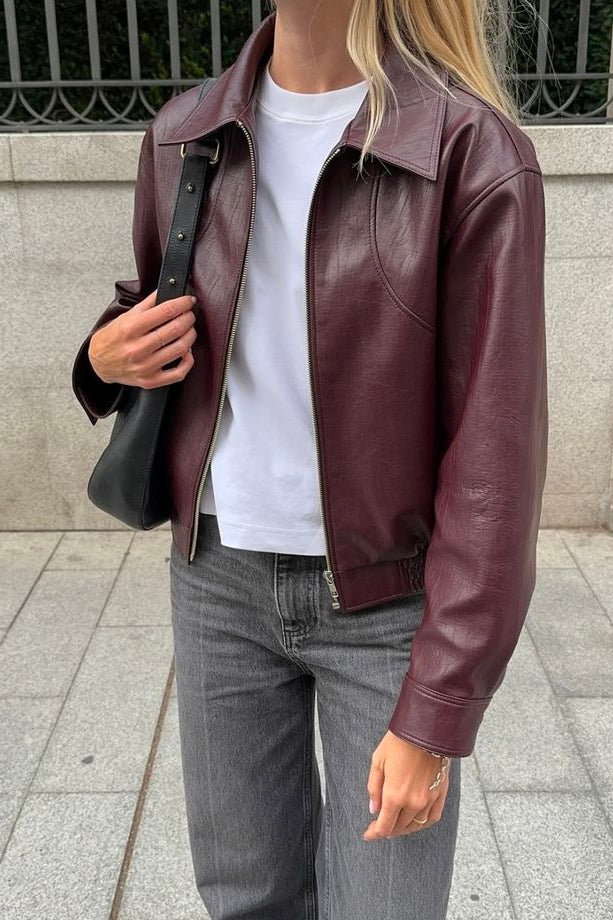 OLANE Classic Faux Leather Lapel Jacket WineSJacket