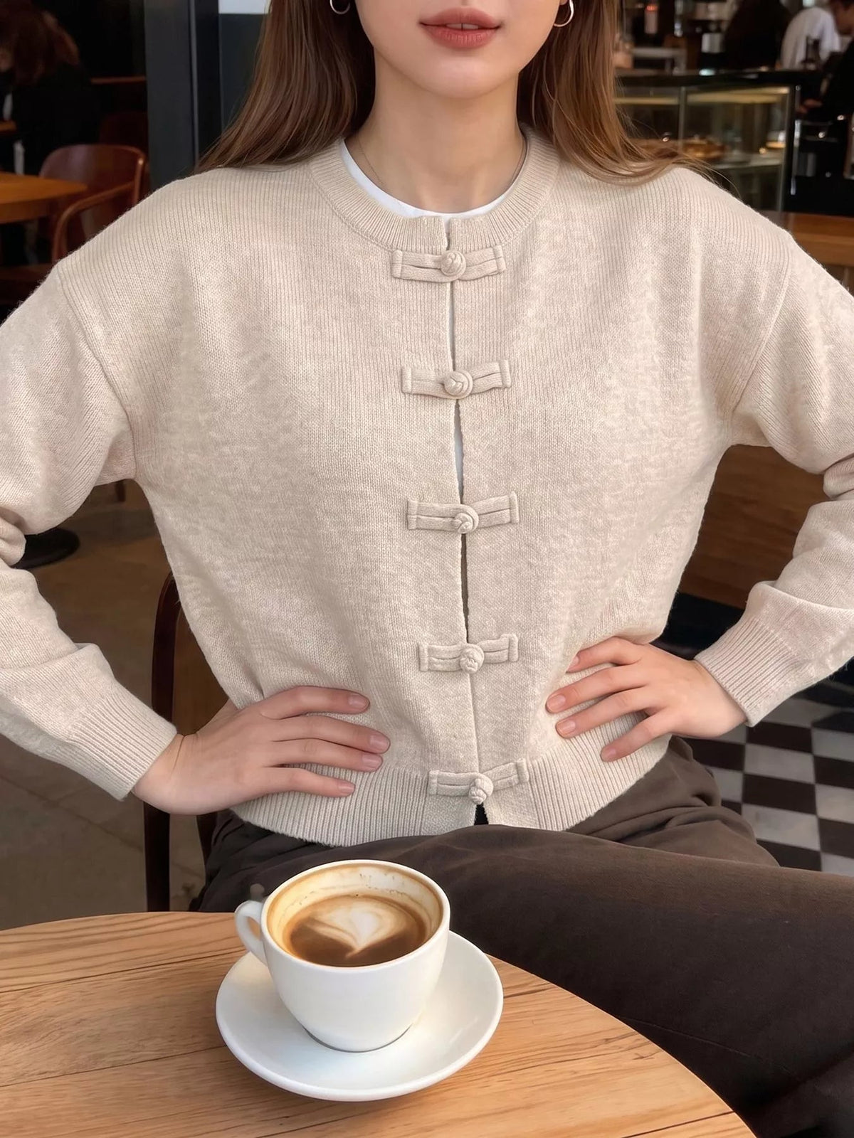 OLANE Classic Frog Knots Knitted Cardigan BeigeSWomen's Sweaters & Cardigans