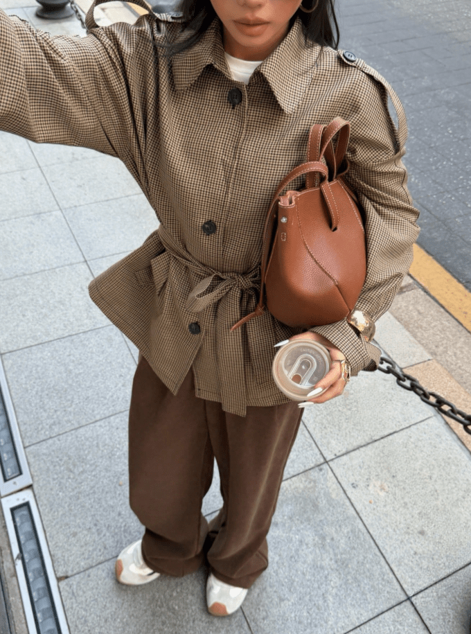 OLANE Classic Houndstooth Lace-Up Blazer BrownMJacket