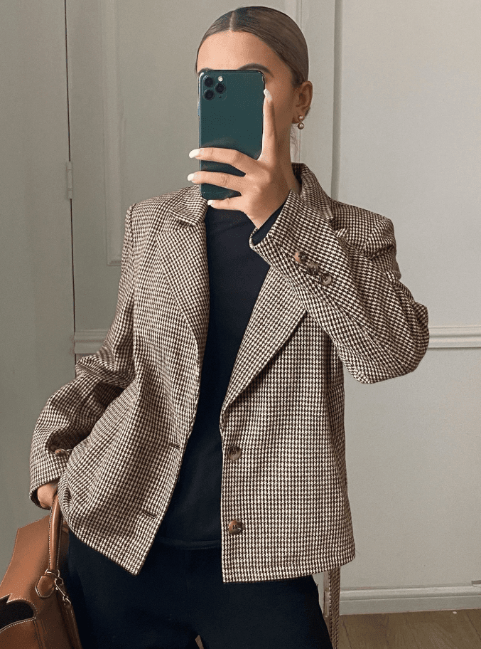 OLANE Classic Houndstooth Lace-Up Blazer BrownSJacket