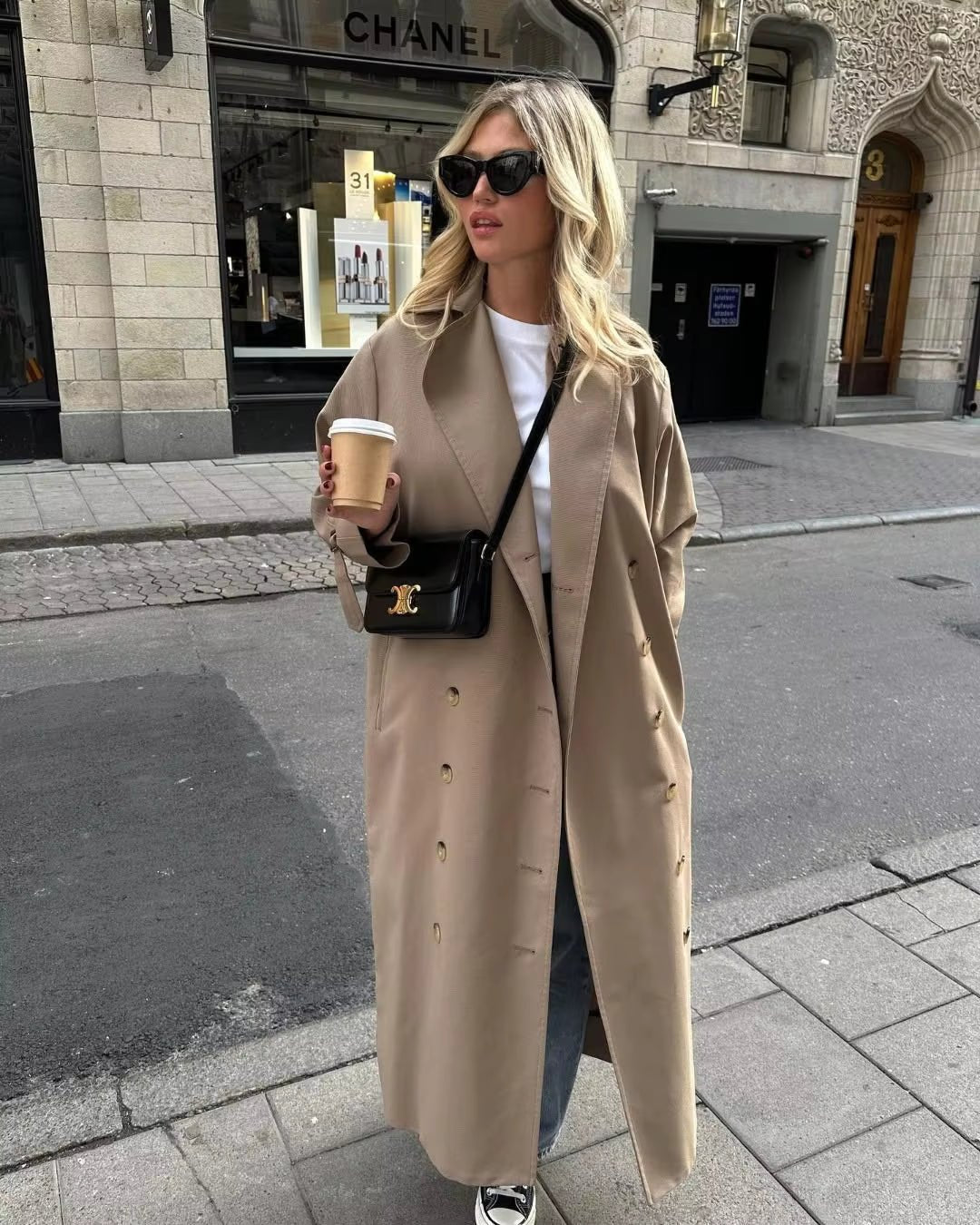 OLANE Classic Long Double Breasted Trench Coat BeigeLWomen's Coats & Jackets