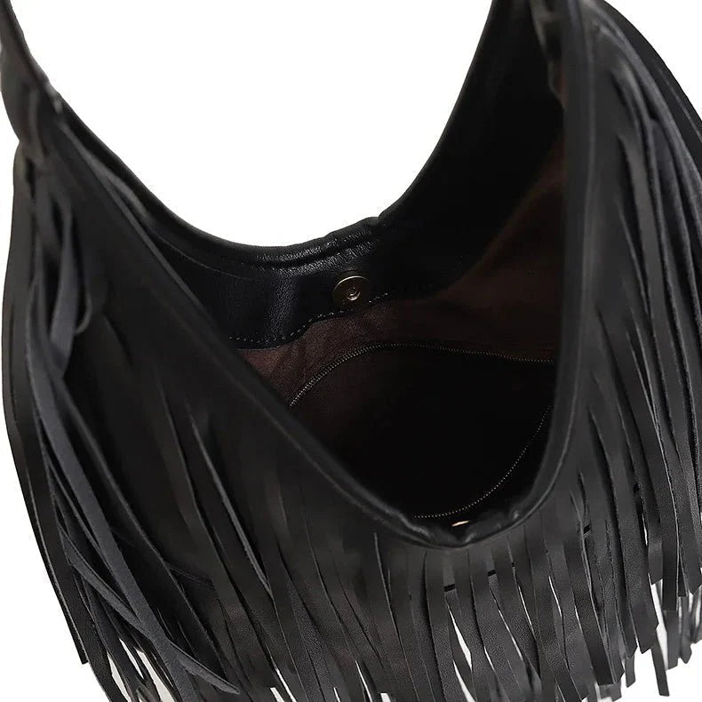 OLANE Classic Open Top Tasseled Hobo Bag BlackBag