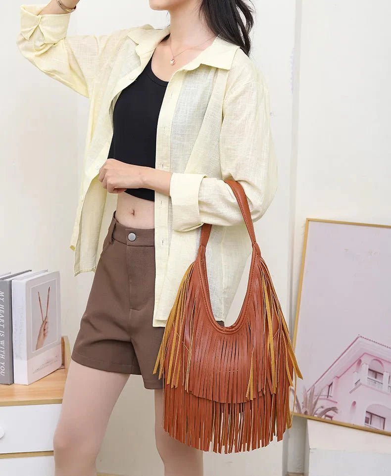 OLANE Classic Open Top Tasseled Hobo Bag BrownBag