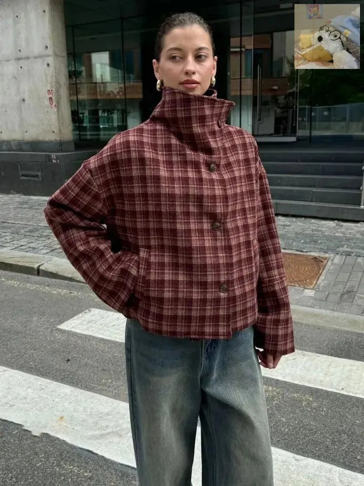 OLANE Classic Plaid Stand Collar Coat MWomen's Coats & Jackets