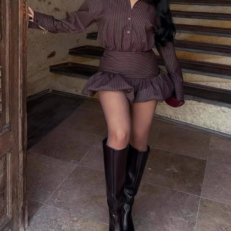 OLANE Classic Striped Shirt & Mini Skirt Set BrownSDress