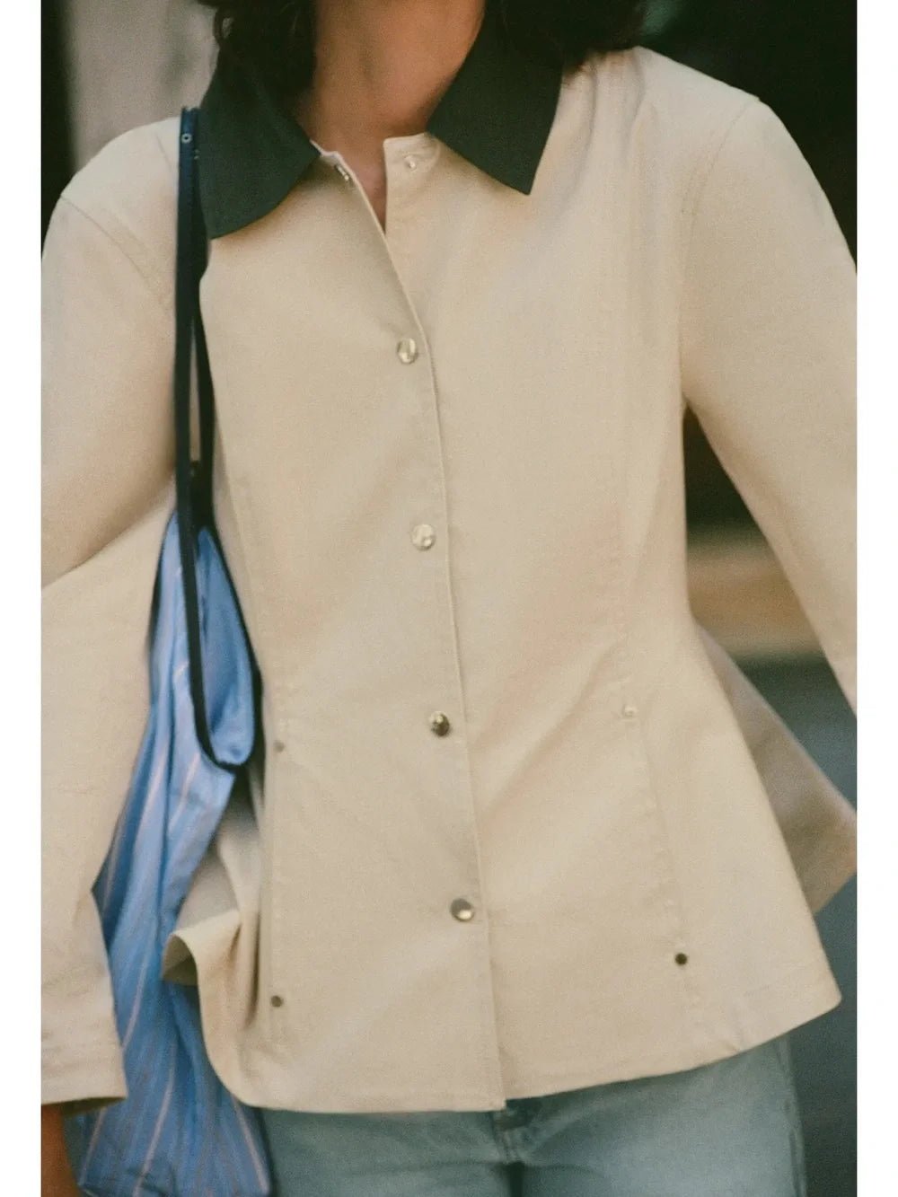 OLANE Contrast Collar Peplum Jacket BeigeMWomen's Coats & Jackets