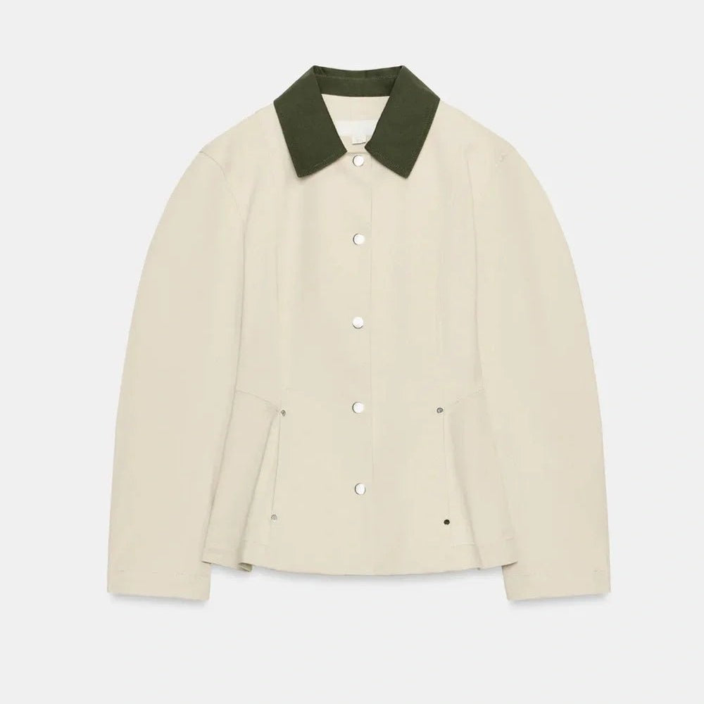 OLANE Contrast Collar Peplum Jacket BeigeXSWomen's Coats & Jackets