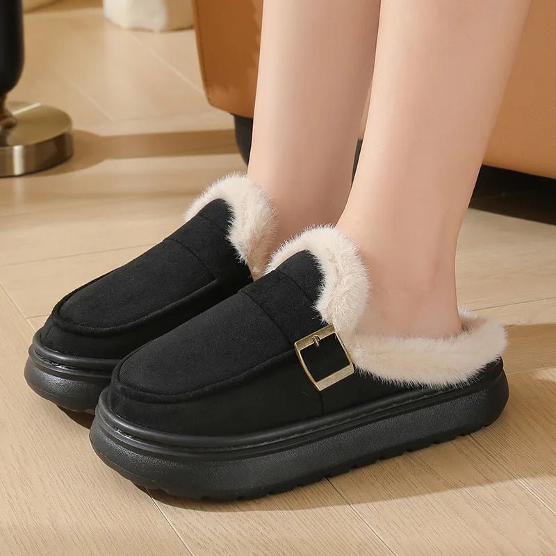 OLANE Cozy Fur-Lined Mule Platform Slippers Black36Shoes