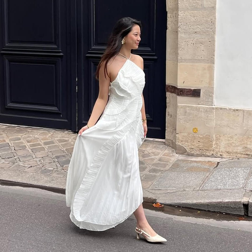 OLANE Crissa Halter Strap Ruffled Tule Dress WhiteLWomen’s Dresses