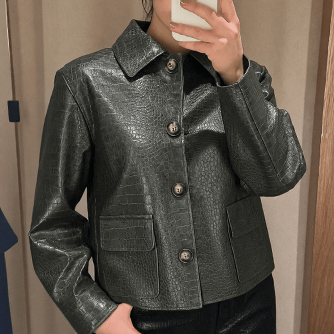 OLANE Crocodile Embossed Leather Jacket GreenSWomen's Coats & Jackets