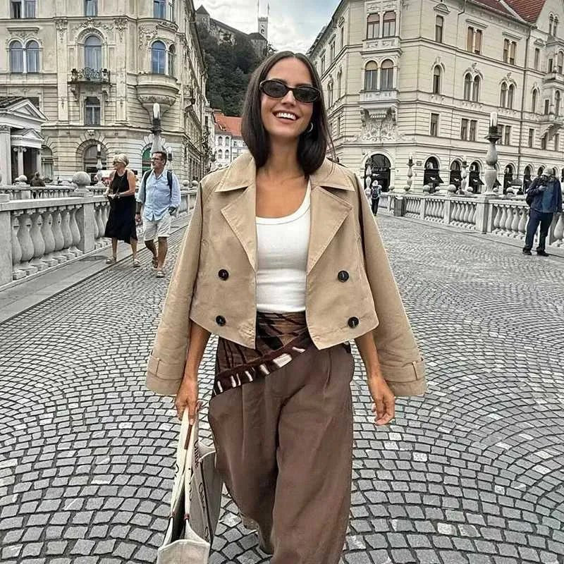 OLANE Cropped Double Breasted Trench Coat BeigeLCoat