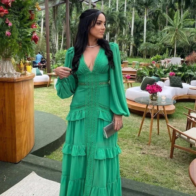 OLANE Deep V - Neck Ruffle Maxi Dress GreenSWomen's Dresses