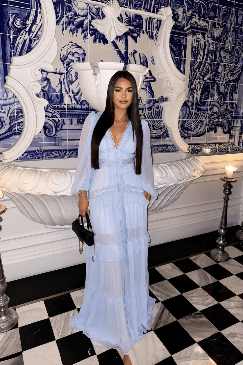 OLANE Deep V-Neck Ruffle Maxi Dress Light BlueSWomen's Dresses
