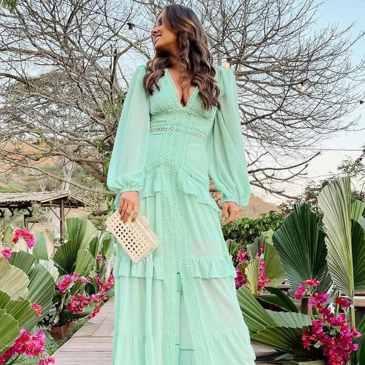 OLANE Deep V - Neck Ruffle Maxi Dress Light GreenSWomen's Dresses