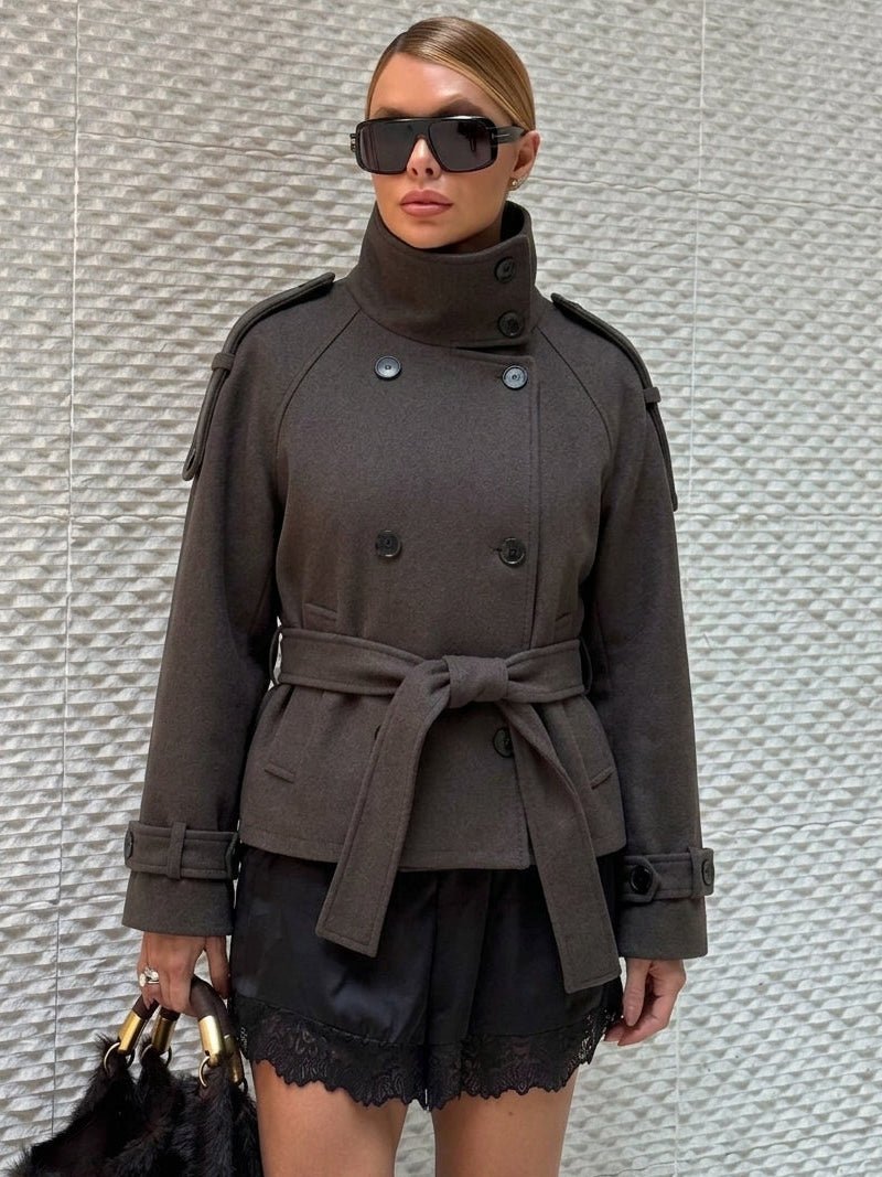 OLANE Double Breasted Belted Stand Collar Coat SWomen's Coats & Jackets