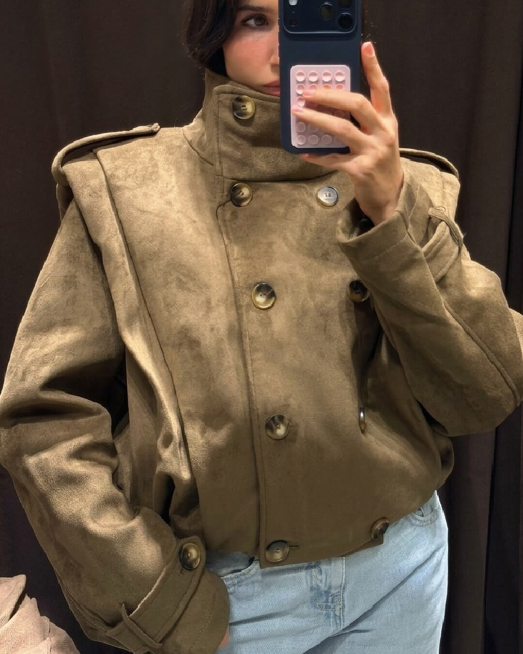 OLANE Double-Breasted Retro Faux Suede Cropped Trench LJacket