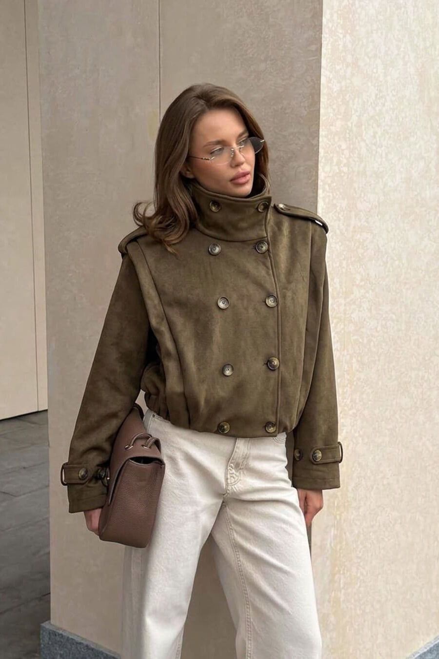 OLANE Double-Breasted Retro Faux Suede Cropped Trench MJacket
