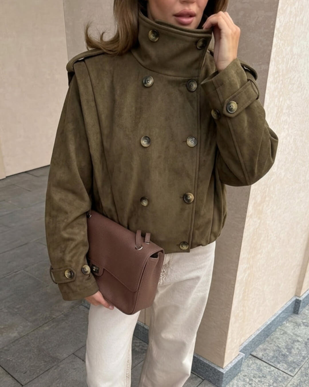 OLANE Double-Breasted Retro Faux Suede Cropped Trench SJacket