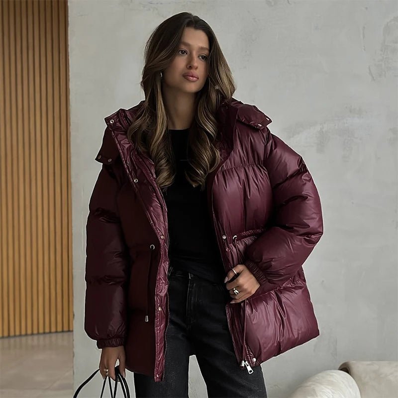 OLANE Drawstring Hooded Puffer Coat BurgundySWomen's Coats & Jackets