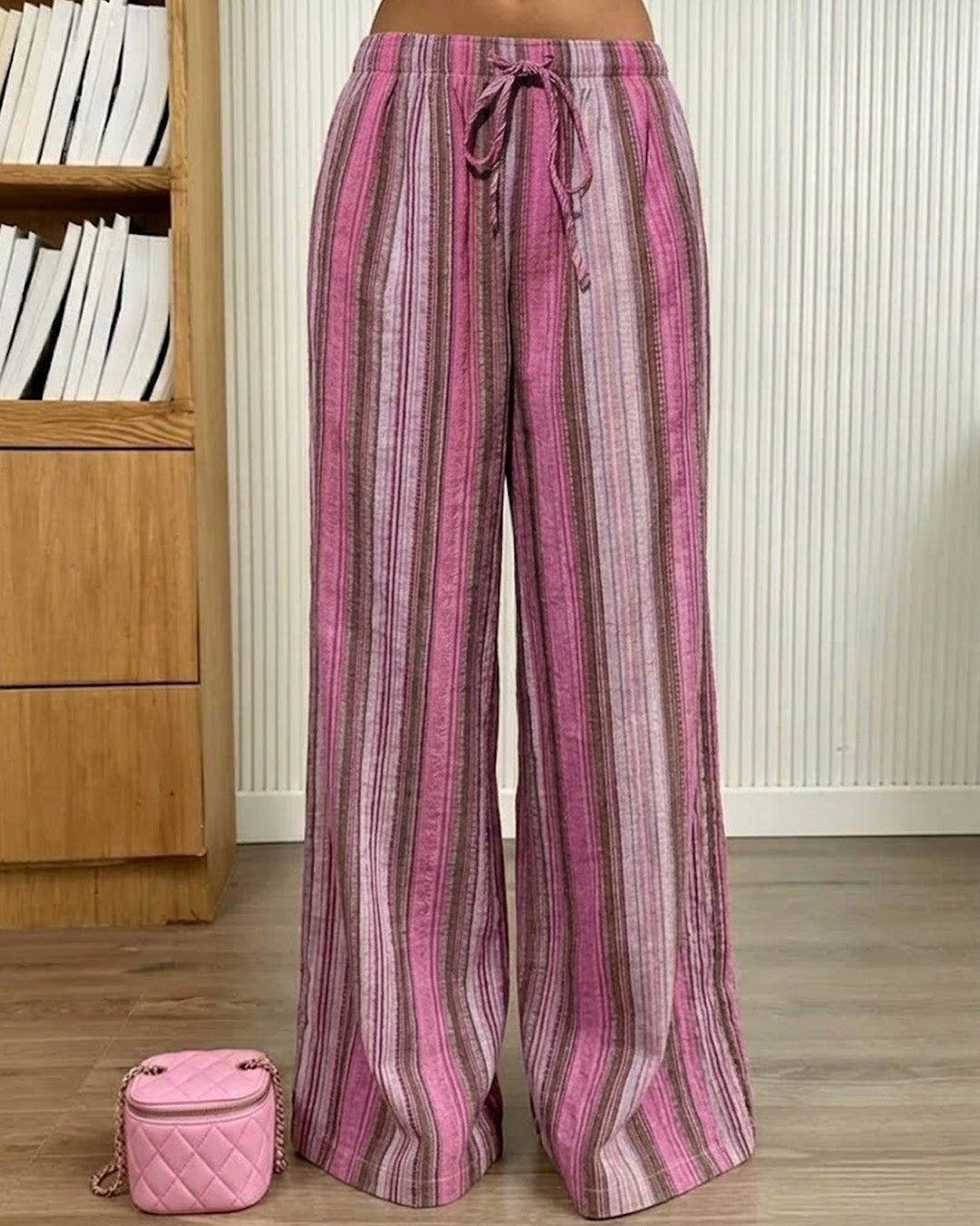 OLANE Elastic Waist Wide-Leg Striped Pants PinkXLWomen's Bottoms