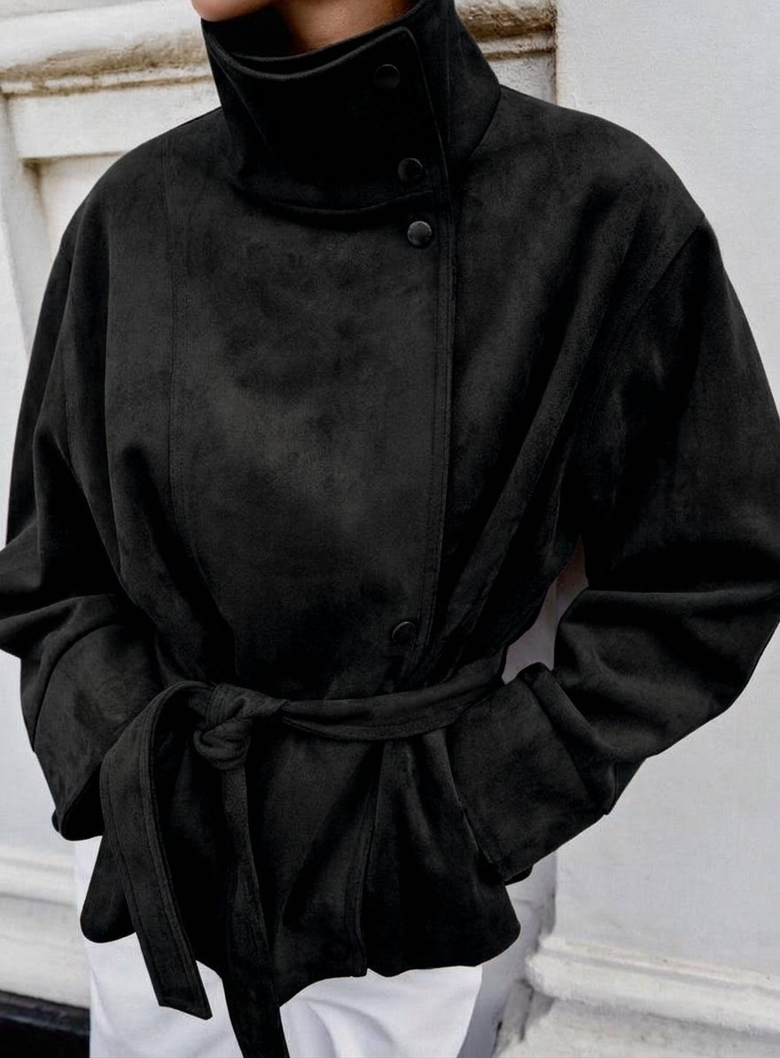 OLANE Elegant Belted Lace-Up Suede Jacket BlackSJacket