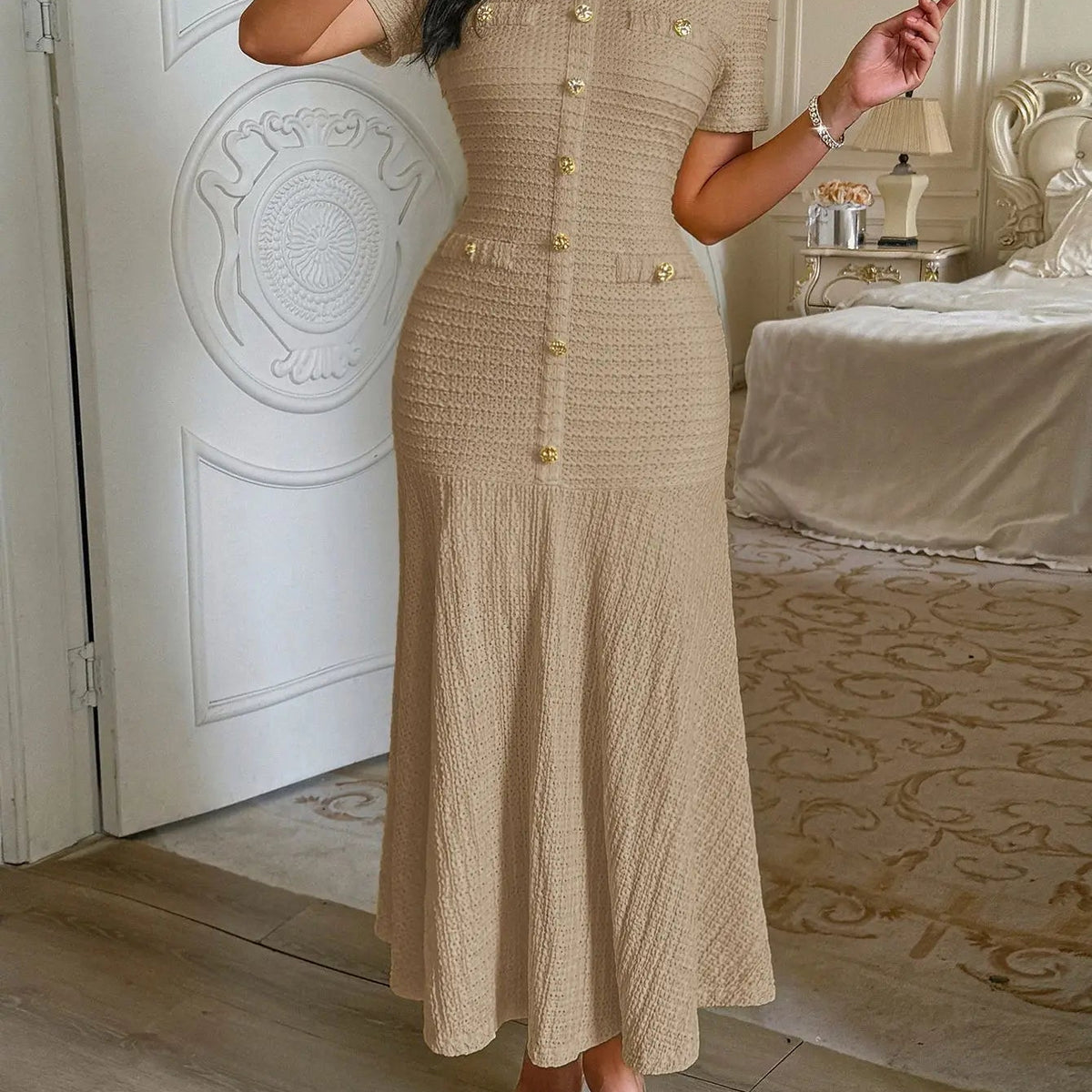 OLANE Elegant Bodycon Flared Midi Dress BeigeSDress