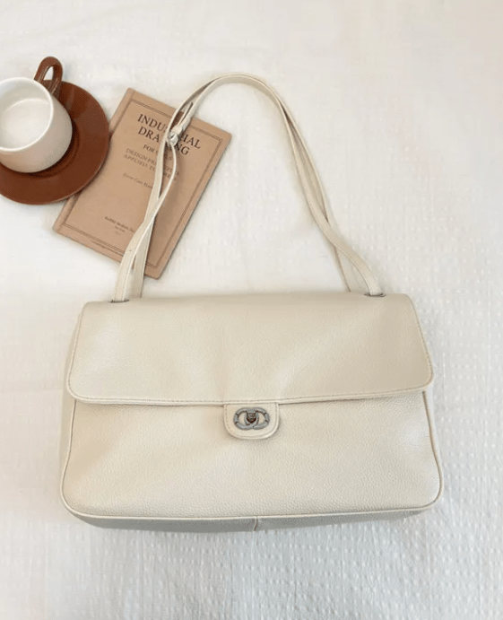 OLANE Elegant Buckle Flap Leather Shoulder Bag White36×24×11 cmWomen's Handbags