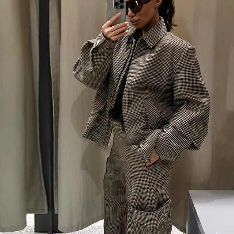 OLANE Elegant Houndstooth Padded Suit Set JacketXSSuit