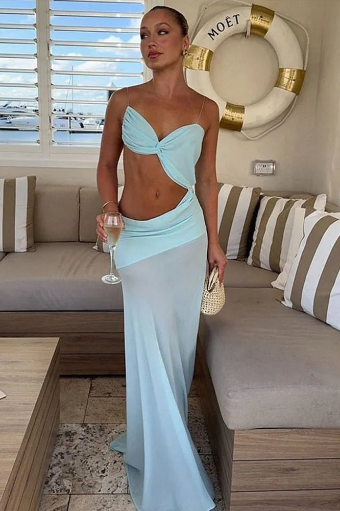 OLANE Elegant Mesh Cutout Maxi Dress BlueSWomen's Dresses