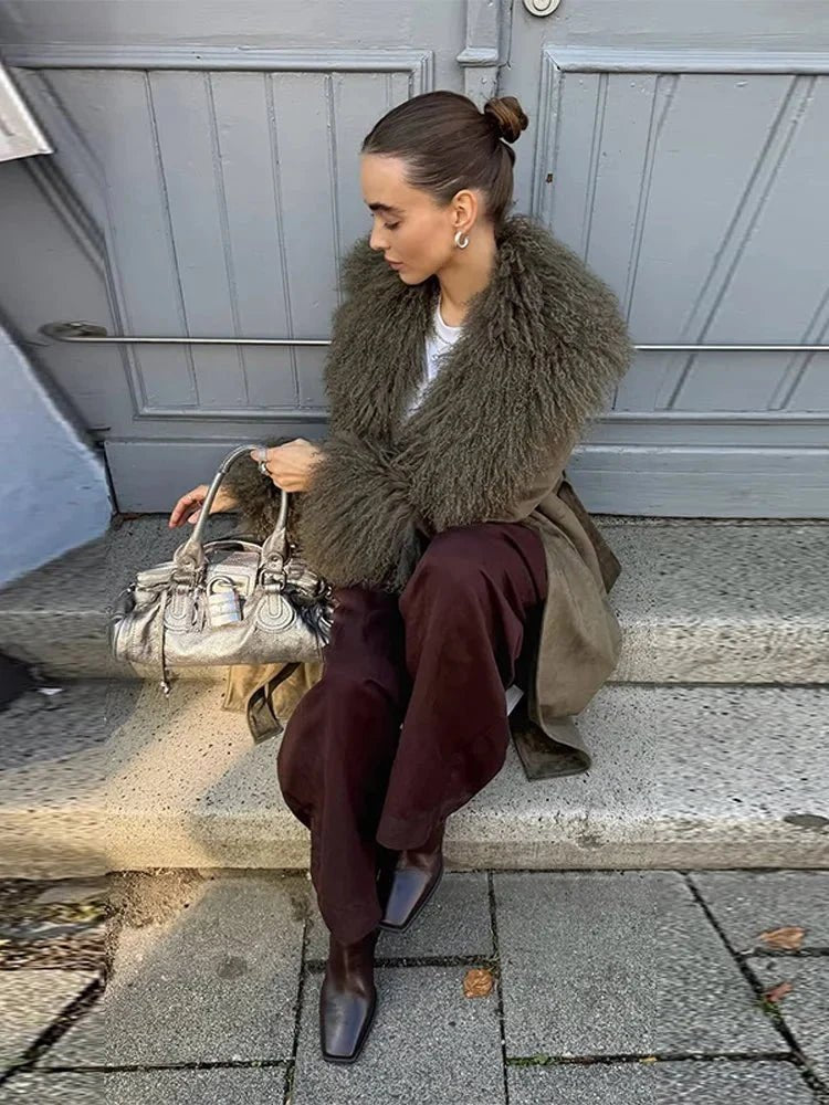 OLANE Elegant Patchwork Faux Fur Collar Coat SWomen's Coats & Jackets