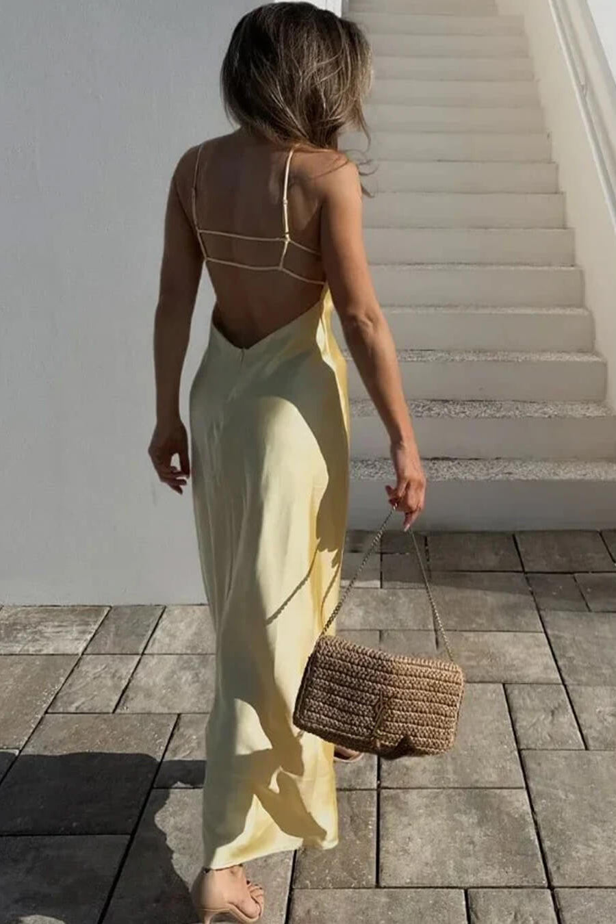 OLANE Elegant Satin Backless Maxi Dress YellowXSWomen's Dresses