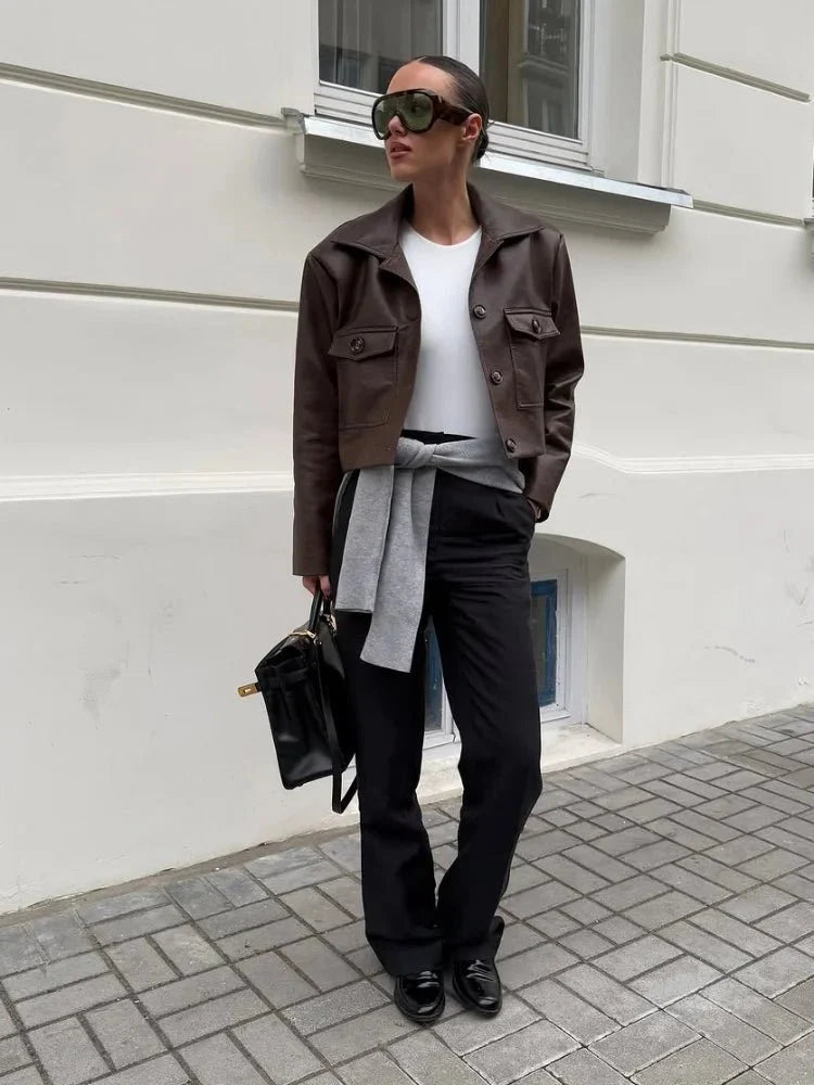 OLANE Ella Cropped Faux Leather Jacket MWomen's Coats & Jackets