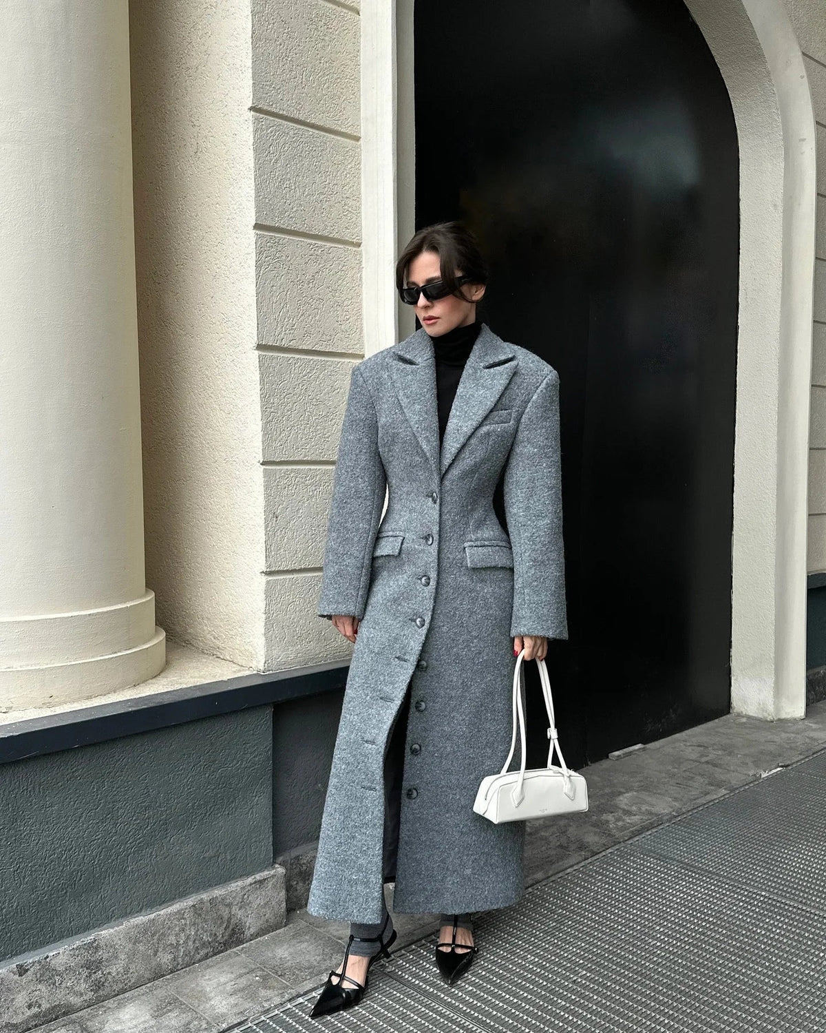 OLANE Erica Cinched Waist Long Coat GreyLWomen's Coats & Jackets