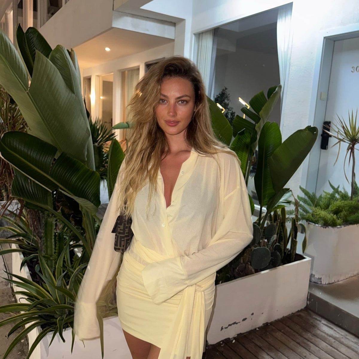 OLANE Eva Long Sleeve Ruched Shirt Dress YellowSWomen's Dresses