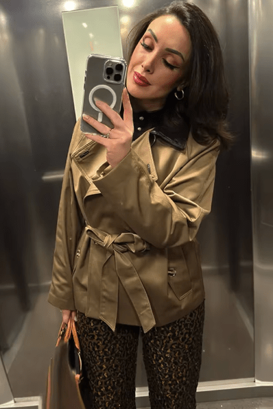 OLANE Faux Leather Collar Belted Trench Coat LWomen's Coats & Jackets