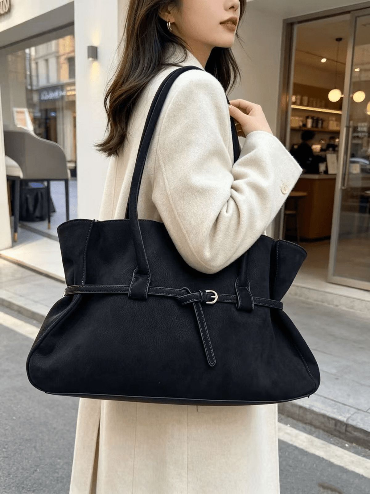OLANE Faux Suede Belted Tote Bag BlackWomen's Handbags