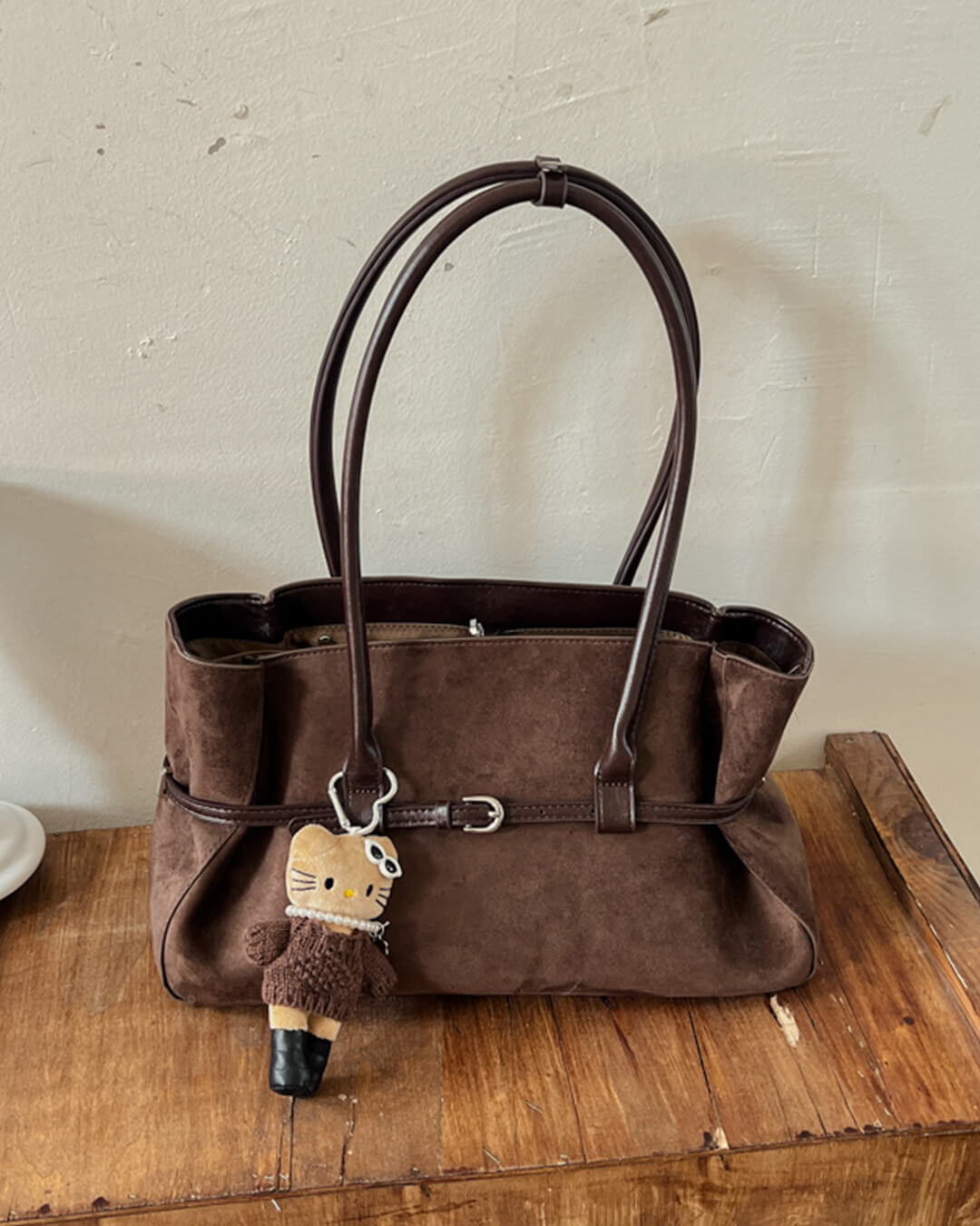 OLANE Faux Suede Belted Tote Bag CoffeeWomen's Handbags