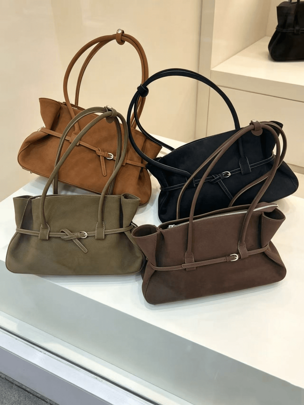 OLANE Faux Suede Belted Tote Bag CoffeeWomen's Handbags