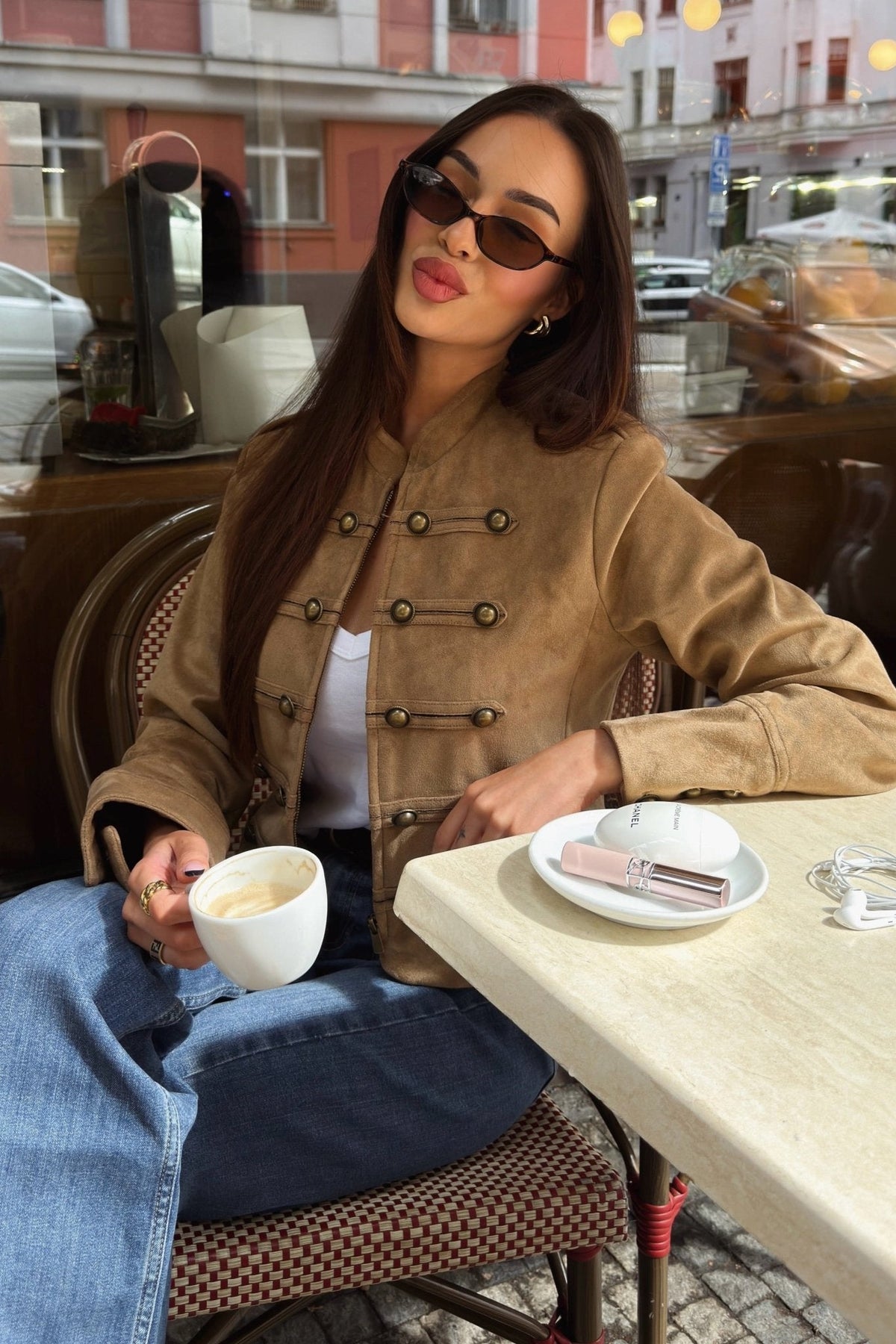 OLANE Faux Suede Napoleon Slim Jacket BrownMWomen's Coats & Jackets